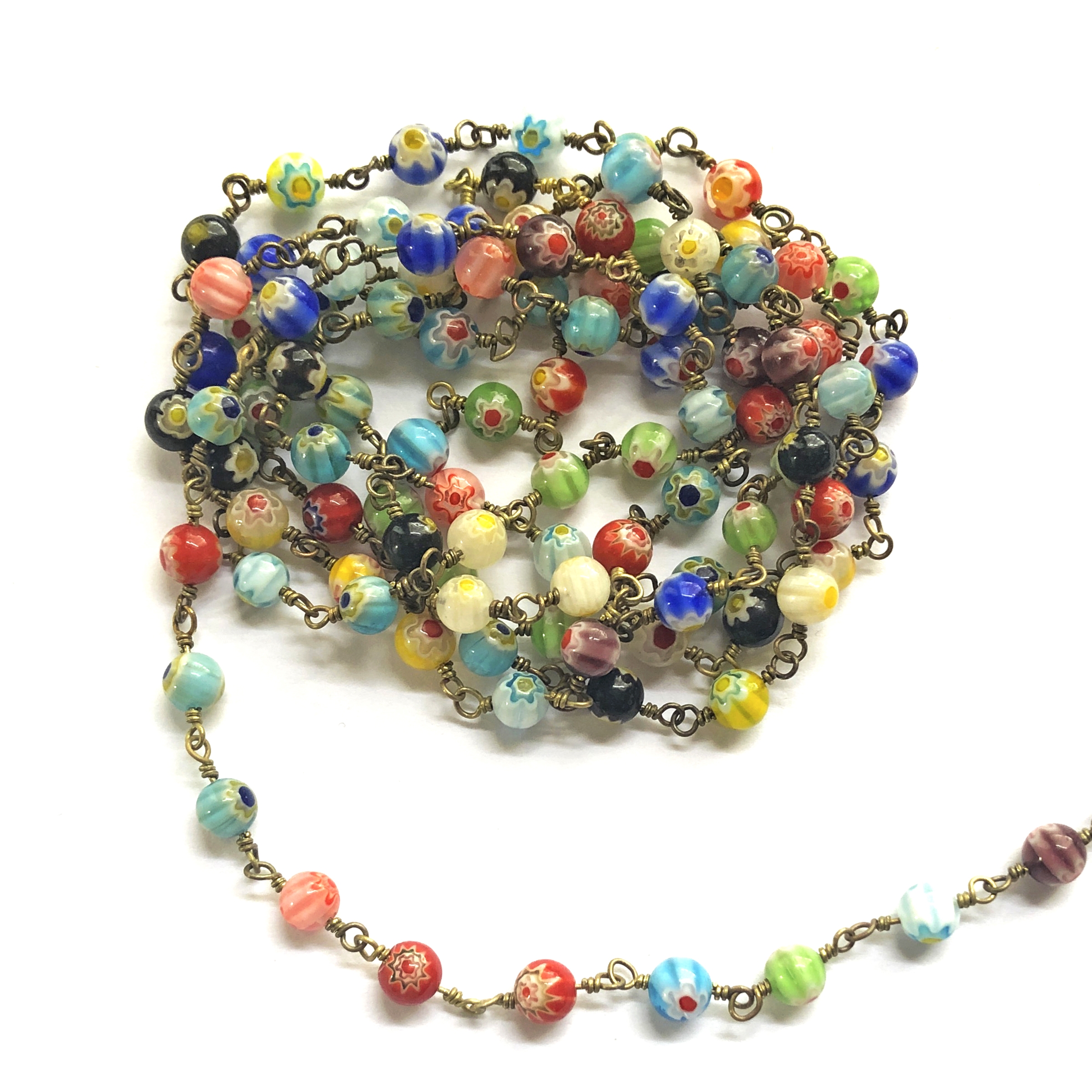 Millefiori Glass Beaded Chain Bead And Link Chain Hand Wrapped Chain